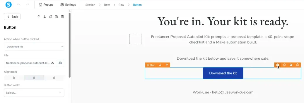 Systeme.io page editor with the Download the kit button selected and its settings panel showing Action when button clicked set to Download file and the uploaded freelancer-proposal-autopilot-kit file